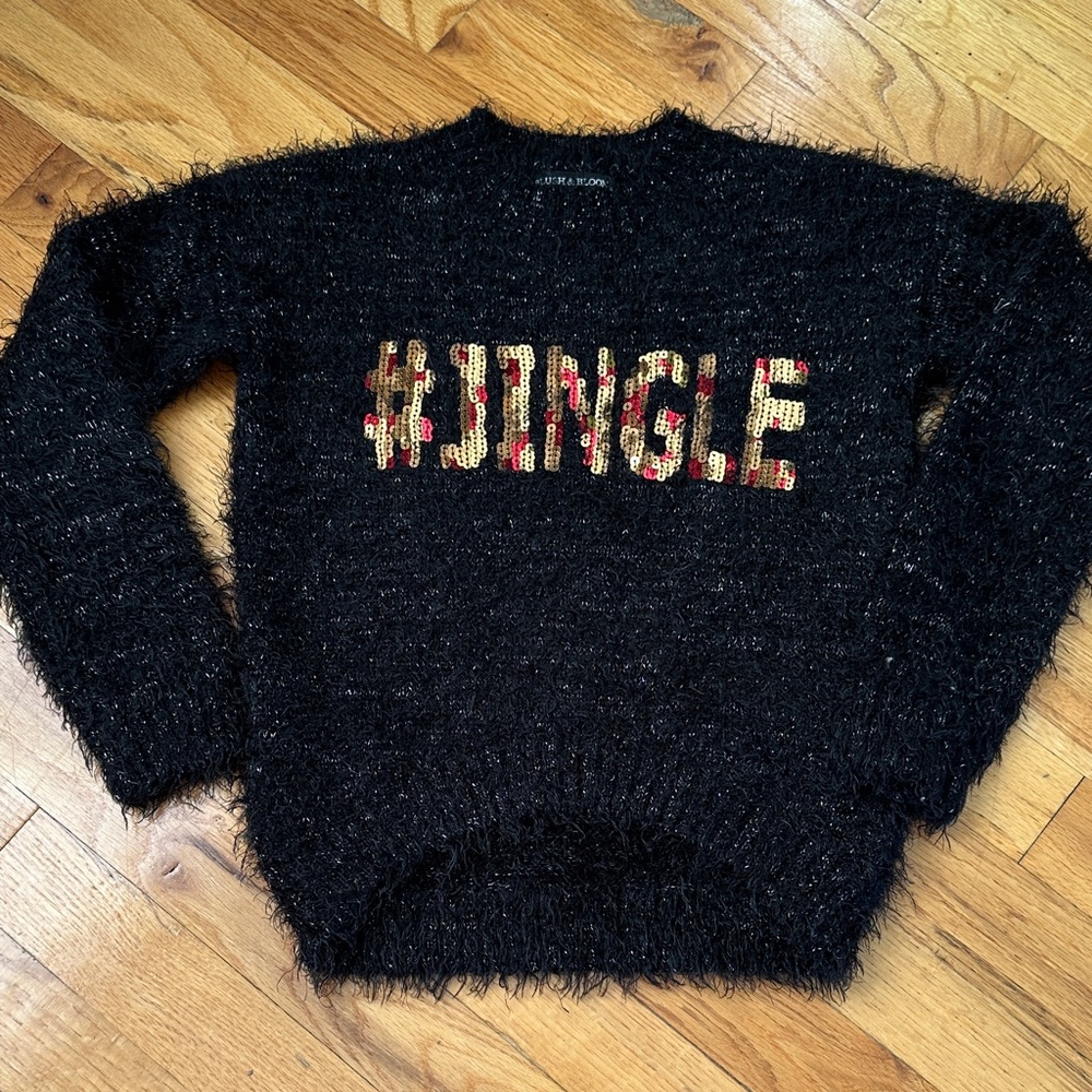 Black Fuzzy Kids Sweater with Jingle Design